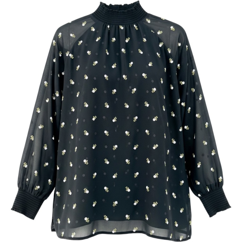 Cabi Floral Embroidered‎ Blouse Womens Small Black Sheer Smocked Mock Neck 5338